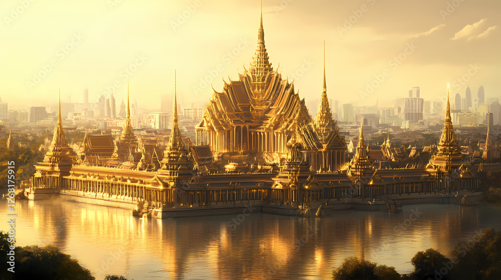 Obraz premium Majestic ruins of bangkok s grand palace stand alone in desolate city. Gilded Ruins. Illustration