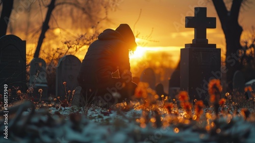 A sad, depressed depressive disorder man going down on his knee, kneeling in front of gravestone at cemetery. 
depression  photo