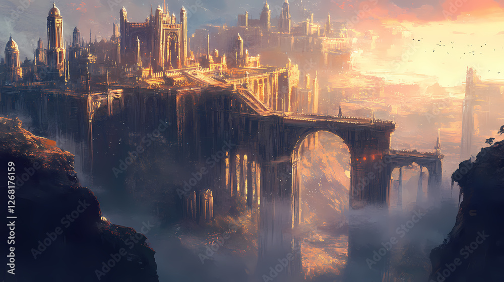Obraz premium Ruined gilded citadel in dystopian landscape. Gilded Ruins. Illustration