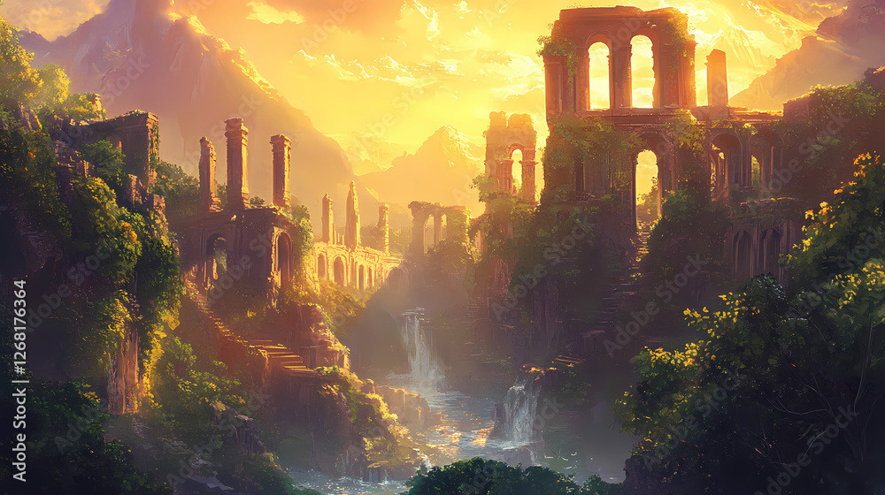 Fototapeta premium Sunset illuminates ancient ruins overgrown with vegetation. Gilded Ruins. Illustration