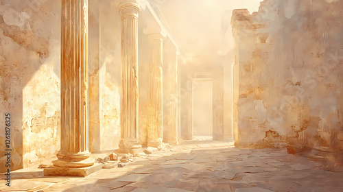 Sunlit ruins of an ancient city with broken marble columns, dust-filled air, and faded frescoes in soft golden and stone-gray tones. Gilded Ruins. Illustration photo