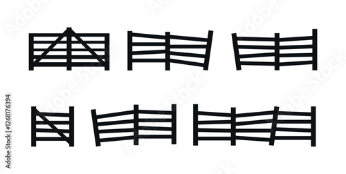Set of silhouette farmland fences. Farm fence and gate. Vector illustration