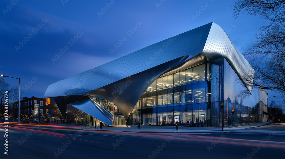 Futuristic aluminum facade contrasting dark blue accents with sleek design, epitomizing innovation and architectural brilliance. Futuristic aluminum facade contrasting dark blue accents with sleek design, epitomizing innovation and architectural brilliance.