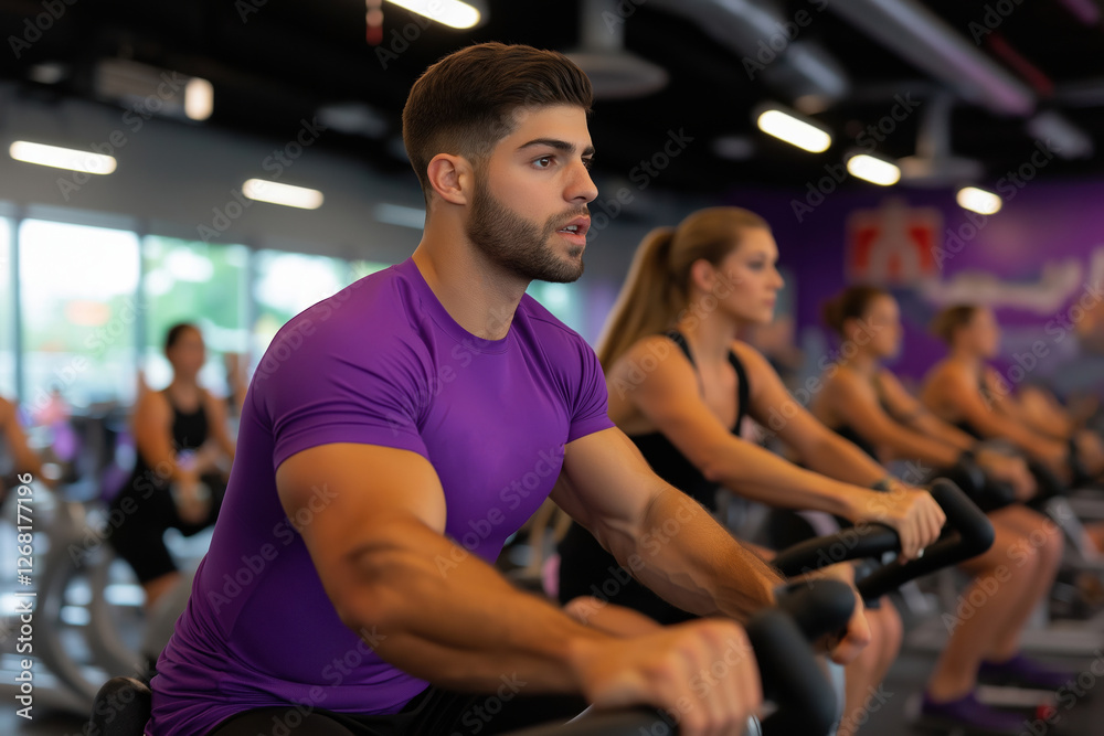 Fototapeta premium Fitness enthusiasts engage in cycling workout at a modern gym during evening class