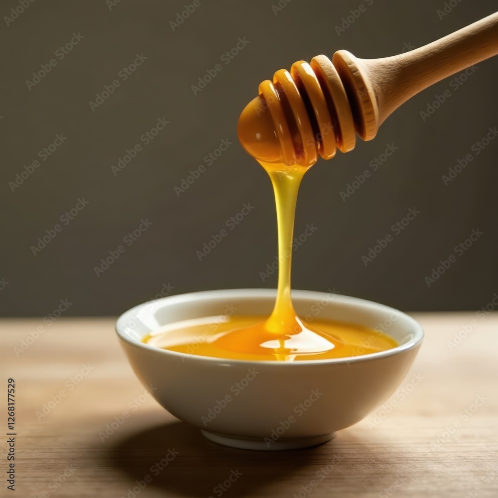 Golden honey drips slowly from a wooden spoon into a small ceramic bowl , , wooden spoon Golden honey drips slowly from a wooden spoon into a small ceramic bowl , , wooden spoon
