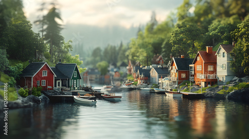 Serene Waterfront Cottages and Colorful Boats Docked in a Picturesque Fishing Village - A Tranquil and Scenic Travel Destination