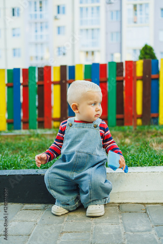 A cheerful toddler is playing joyfully outdoors in a vibrant, colorful, and lively setting
