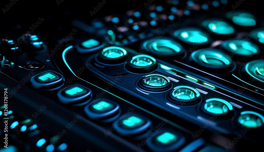 Close-up of a futuristic control panel with glowing teal buttons and knobs.