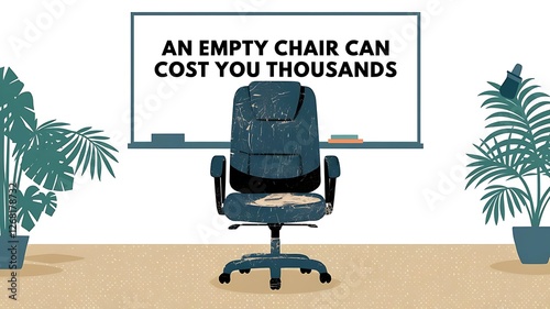  A photo of an empty, dusty office chair in the middle of a room with a whiteboard behind the chair with the text An Empty Chair Can Costs You Thousands, created with generative ai photo