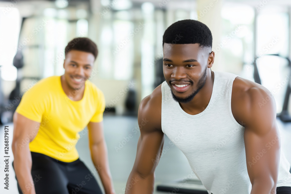 Two men engage in workout routine at a modern gym during daytime Two men engage in workout routine at a modern gym during daytime