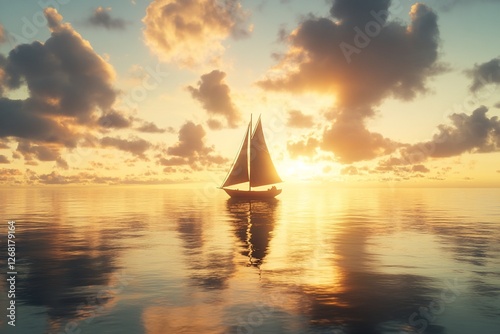 Sailboat on calm ocean at sunset, reflecting golden light.