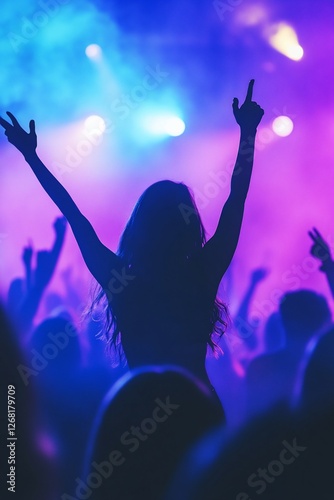 Silhouetted woman with raised arms at a vibrant concert, surrounded by a cheering crowd under colorful stage lights.