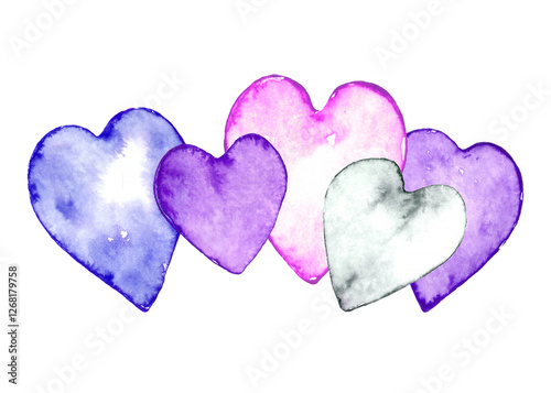 Group of watercolor isolated hearts in cold tones