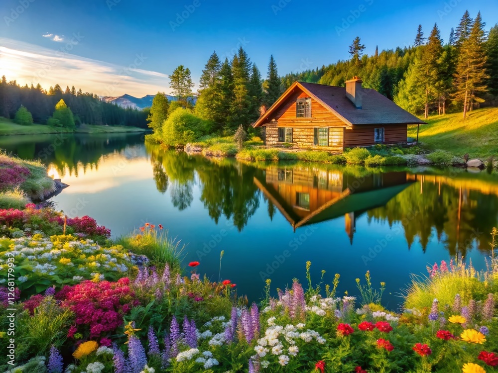 Obraz premium Drone View: Cozy Cabin Lakeside, Vibrant Flowers, Serene Summer Escape
