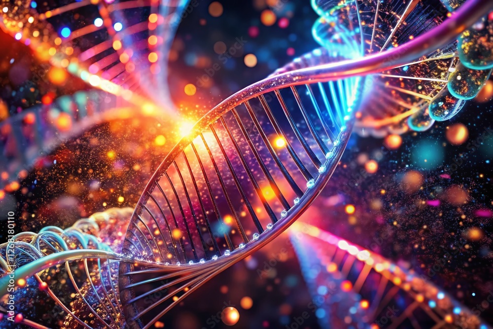 Drone View: Glowing DNA Helix Abstract Digital Background 3D Render