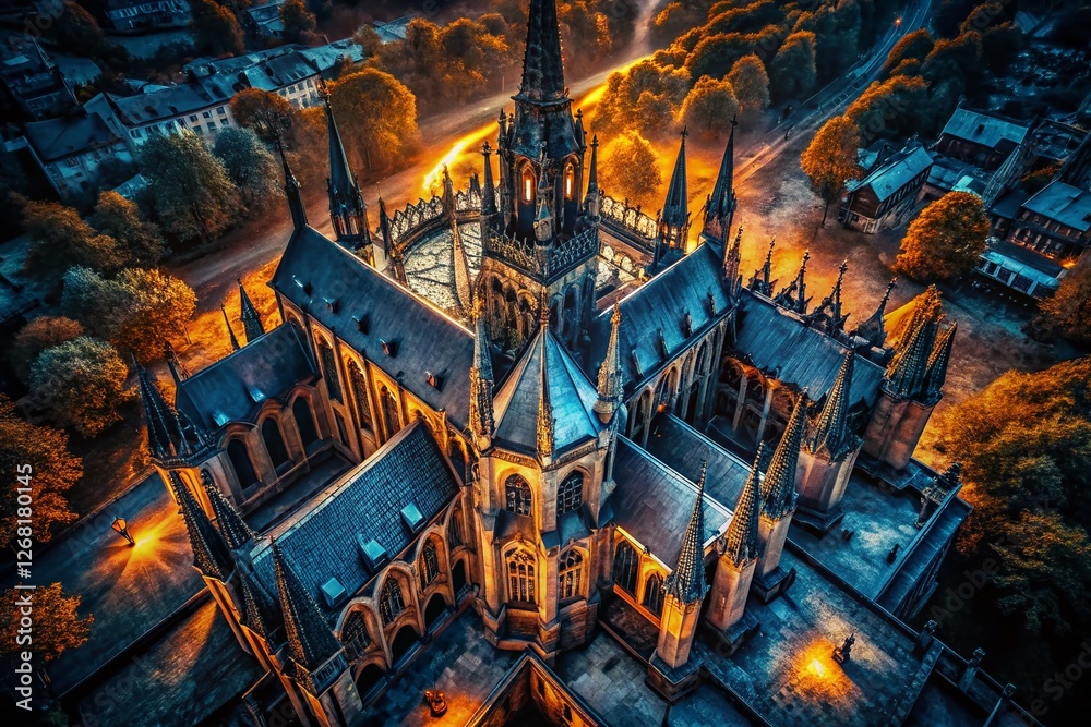 Obraz premium Drone View Gothic Architecture, Dark Patterned Backdrop, Aerial Photography