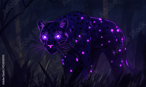 A digital sketch of a panther outlined in glowing purple creates a striking animal portrait photo