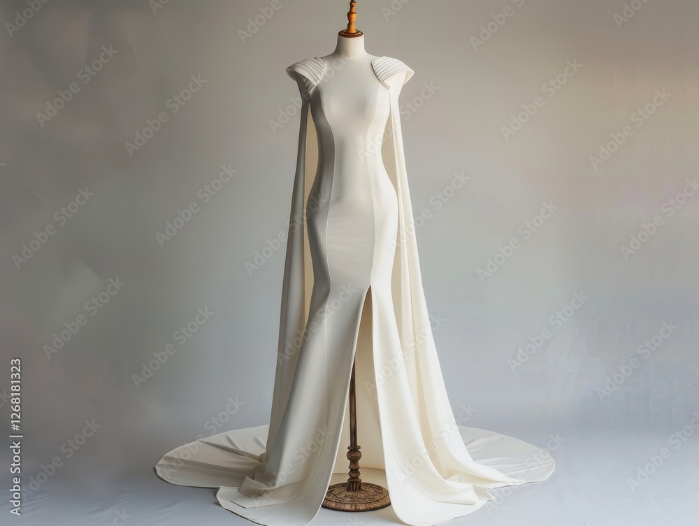 Avant-garde sheath dress in white crepe, high neck, dramatic split cape overlay, modern minimal design, professional studio lighting hands. Avant-garde sheath dress in white crepe, high neck, dramatic split cape overlay, modern minimal design, professional studio lighting hands.