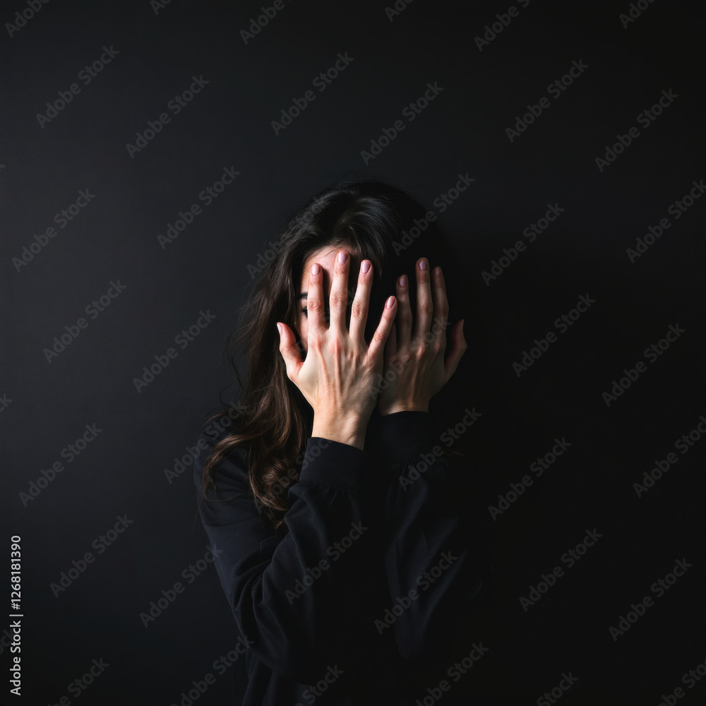 Powerful image of a distressed woman hiding her face against a dark background, ideal for abuse awareness campaigns, mental health topics, and emotional storytelling. Powerful image of a distressed woman hiding her face against a dark background, ideal for abuse awareness campaigns, mental health topics, and emotional storytelling.