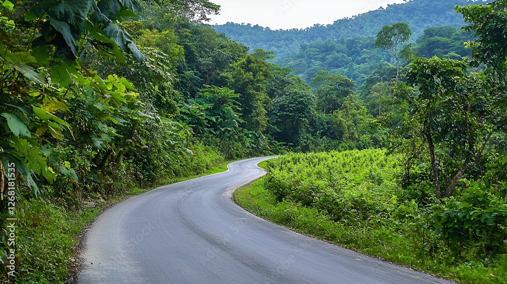 Fototapeta premium Winding road through lush green jungle mountains. Travel, adventure background