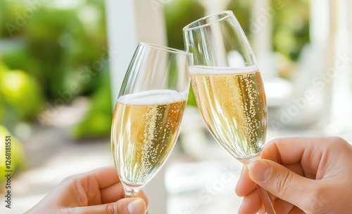 Celebrating a joyous occasion with champagne in a lush outdoor setting