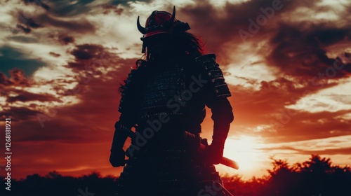Silhouetted samurai warrior at sunset. photo