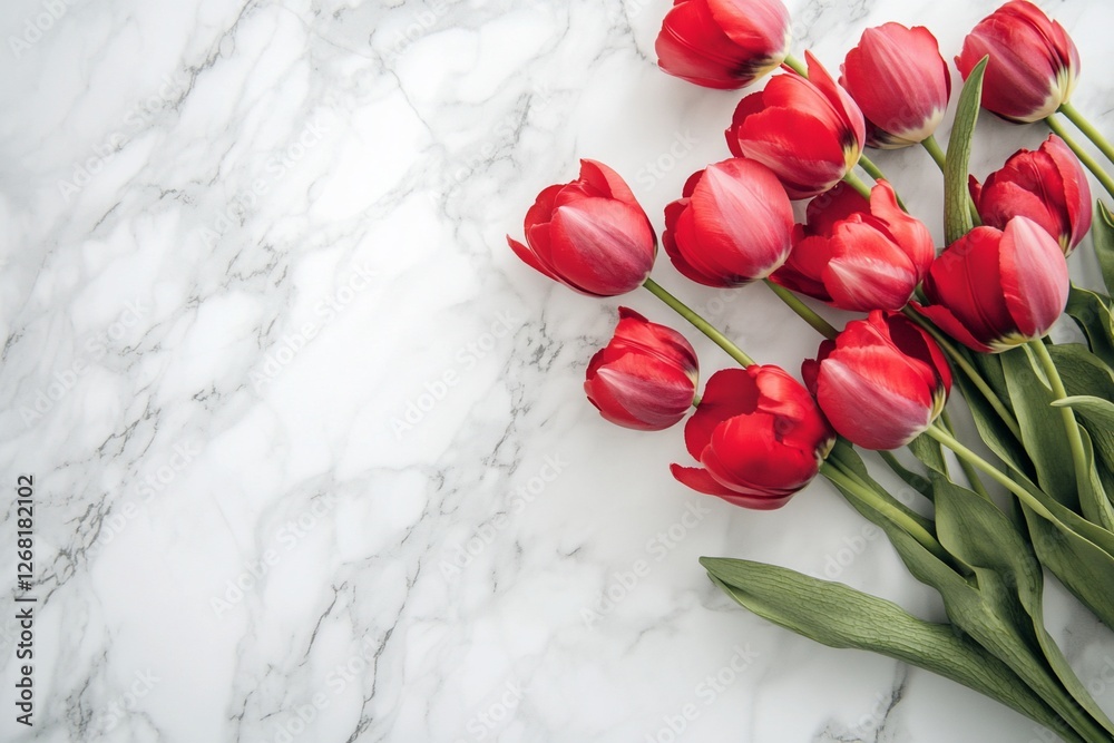 Red tulips bouquet on marble background. Red tulips bouquet on marble background.