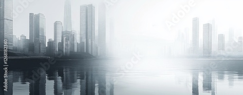 Misty city skyline reflected in calm water.