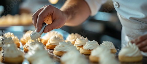 Wallpaper Mural Close-up of a chef meticulously piping creamy frosting onto freshly baked pastries. Torontodigital.ca