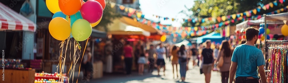 Fototapeta premium Festive street market with colorful balloons and blurred crowds.