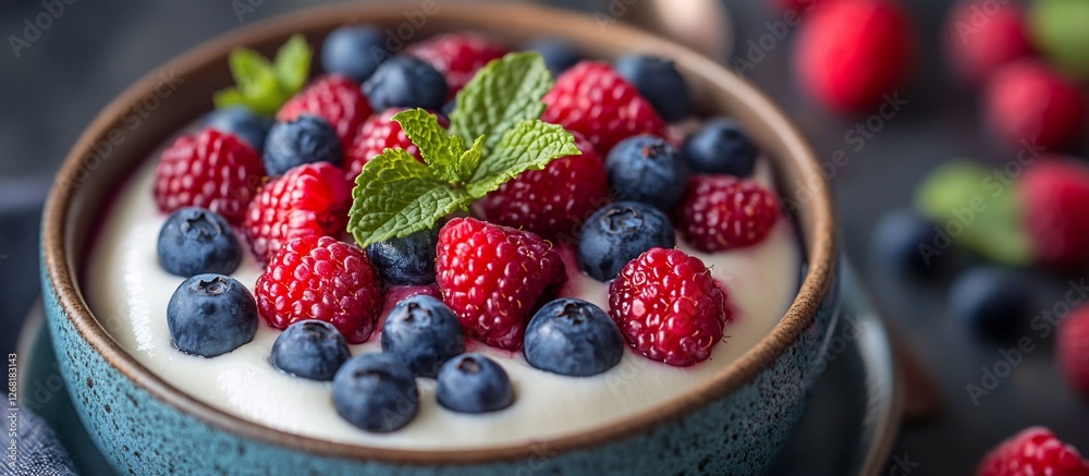 Creamy yogurt topped with fresh raspberries and blueberries in a teal bowl. Creamy yogurt topped with fresh raspberries and blueberries in a teal bowl.