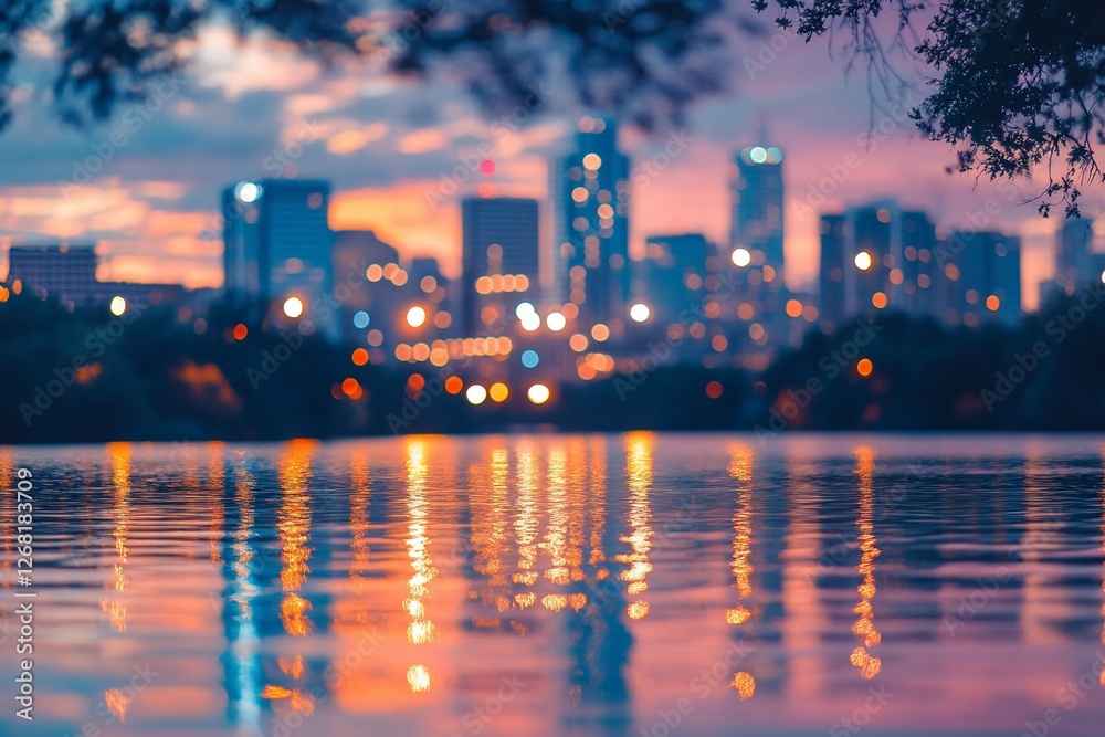 Fototapeta premium City skyline reflected in calm water at sunset, blurred bokeh effect.