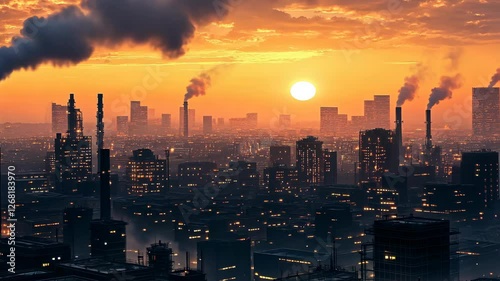 Industrial skyline at sunset with smoke rising from factories in a bustling city