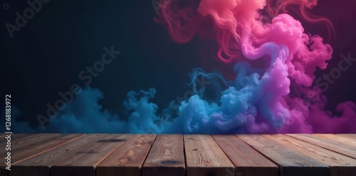 Empty wooden table, vibrant smoke swirls above, dark backdrop, vibrant, artwork, surreal
