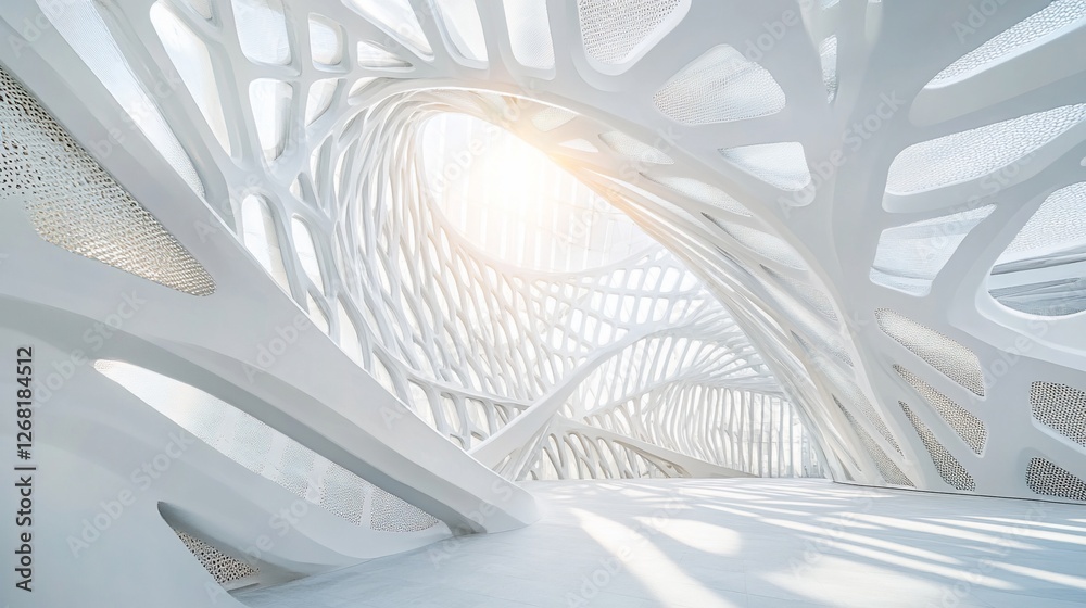 Fototapeta premium Abstract white architectural interior with complex, organic, swirling structures and bright sunlight.