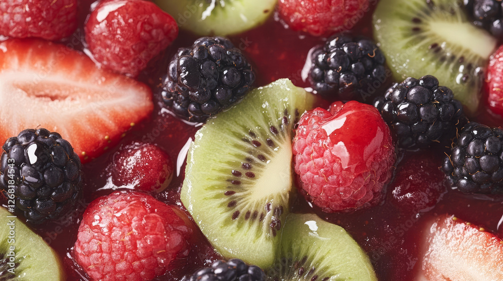 Obraz premium Fresh mixed berries and kiwi in vibrant fruit salad
