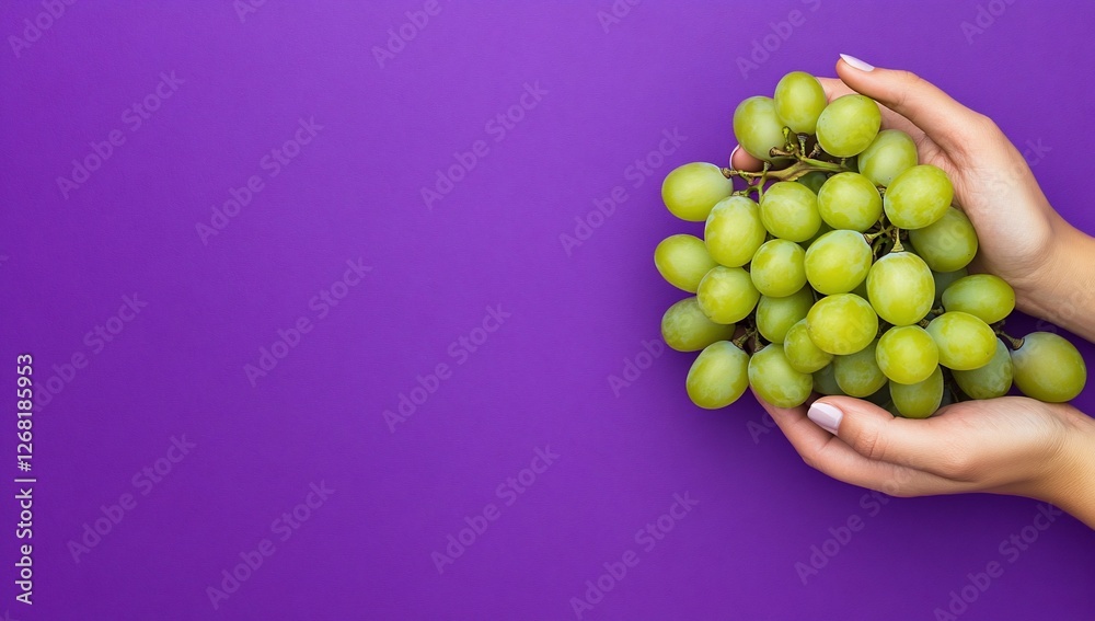 Hands holding a bunch of fresh green grapes on purple background. Hands holding a bunch of fresh green grapes on purple background.