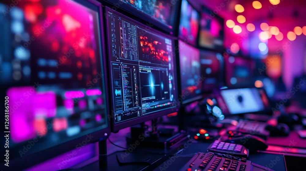 Multiple monitors displaying data and graphics in a brightly lit room.