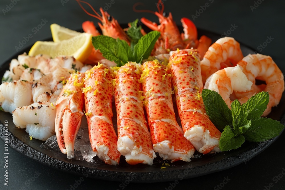 Delicious seafood platter with shrimp, crab legs, lobster, and lemon. Delicious seafood platter with shrimp, crab legs, lobster, and lemon.