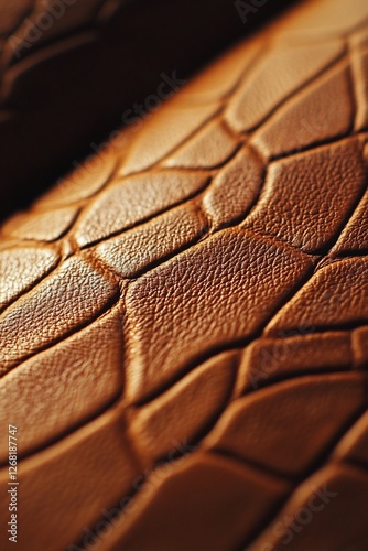 Close-up of brown leather with textured, reptile-like pattern.