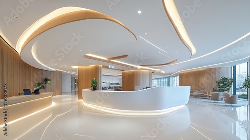 Modern curved reception desk in bright office lobby
