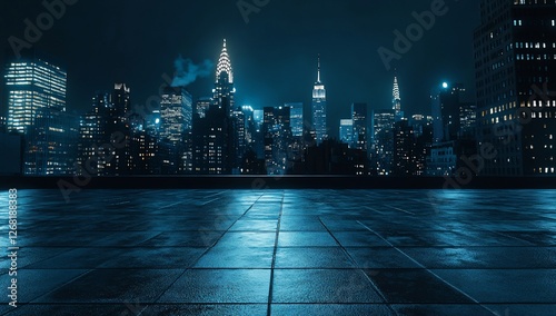 Night cityscape view from rooftop.