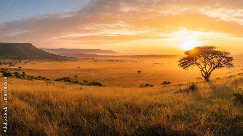 Golden sunrise over African savanna, acacia tree silhouette, misty plains, wildlife.