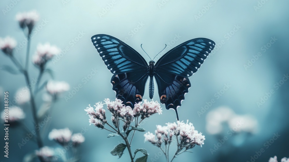 Fototapeta premium Blue butterfly rests on wildflowers, serene nature, blurred background, ideal for calming design