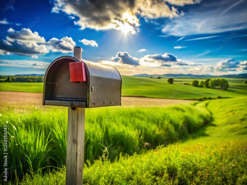 Empty Rural Mailbox on Post, Countryside, Summer Day, No Mail, Waiting for Delivery Empty Rural Mailbox on Post, Countryside, Summer Day, No Mail, Waiting for Delivery