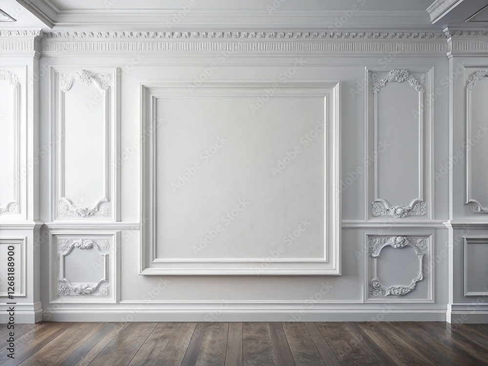 Fototapeta premium Empty White Wall with Classic Gypsum Molding Frame, High Ceiling Mockup for Food Photography
