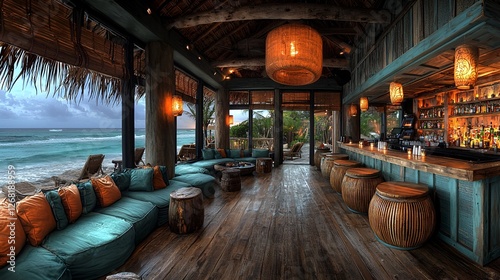 Beachfront bar, ocean view, sunset drinks, tropical seating, relaxation