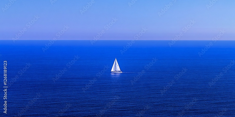 Obraz premium Solitary sailboat on a vast, blue ocean under a clear sky.