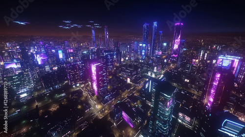 Wallpaper Mural サイバーパンク都市の未来夜景と交錯する空飛ぶ車の幻想的なシーン Torontodigital.ca