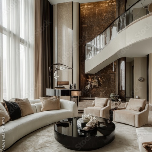 Luxury apartment living room, curved sofa, city view, grand staircase